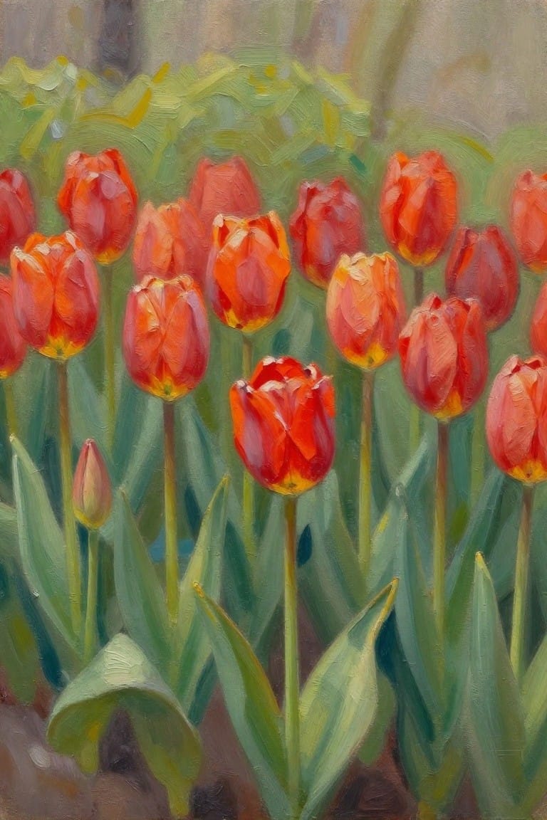 Vibrant red tulips blooming among lush green leaves and stems in a garden.