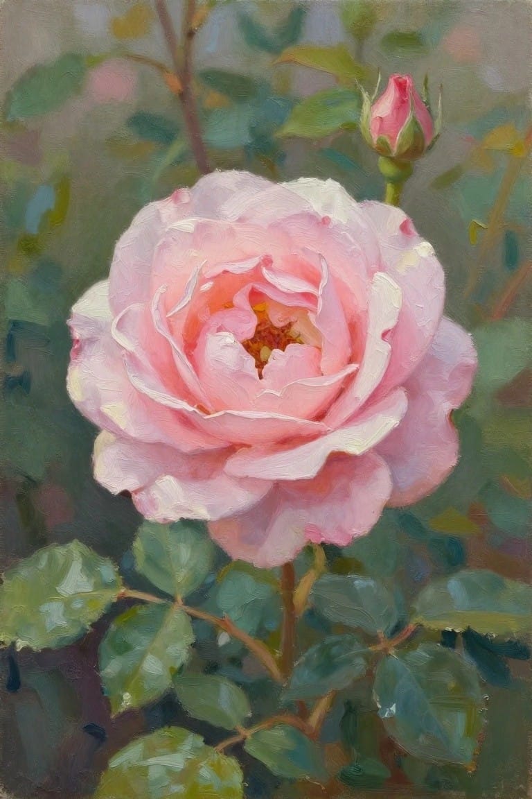Blooming pink rose with layered petals, yellow center, and nearby bud among leaves.