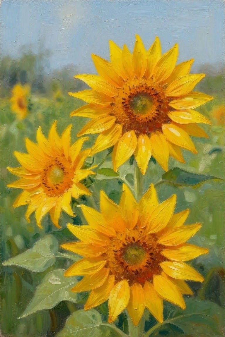 Three large yellow sunflowers with green leaves in a sunlit field, oil painting.