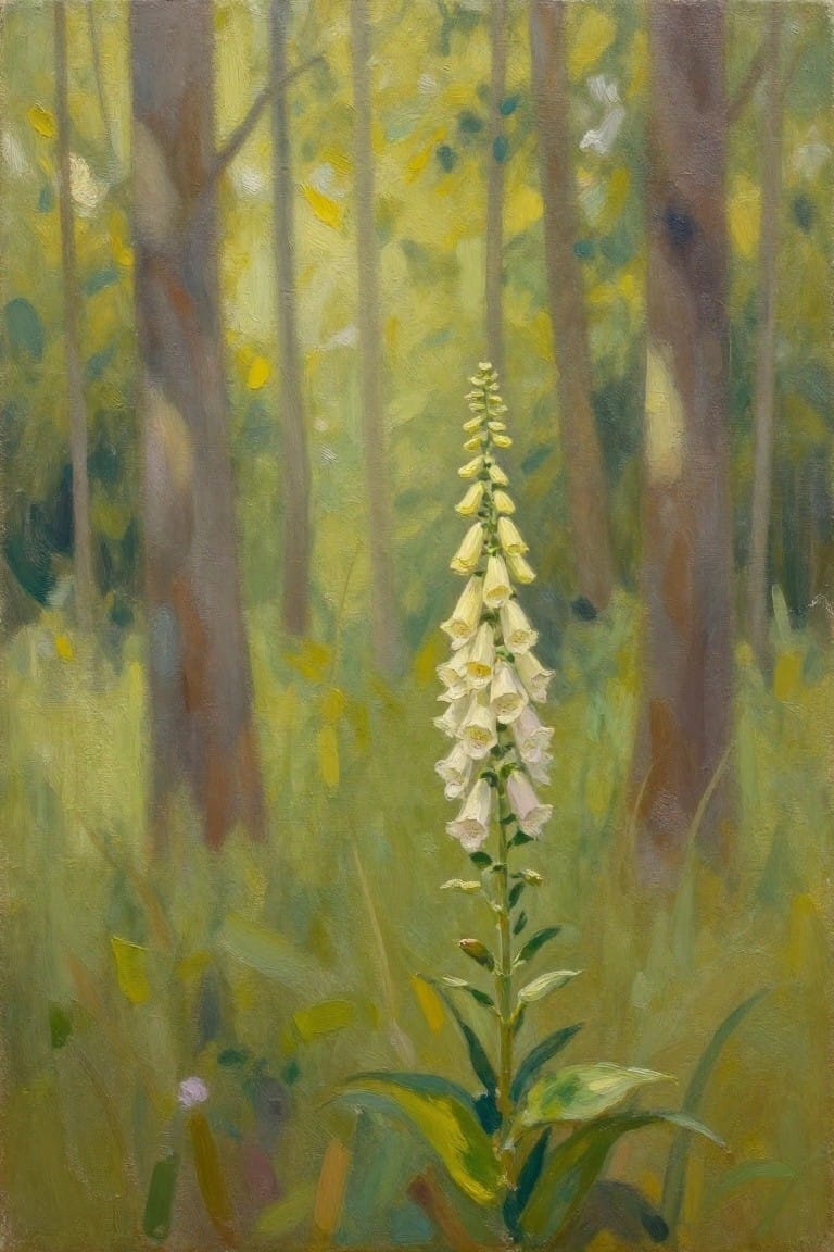 Tall foxglove with pale blooms amid blurred green forest trees painting