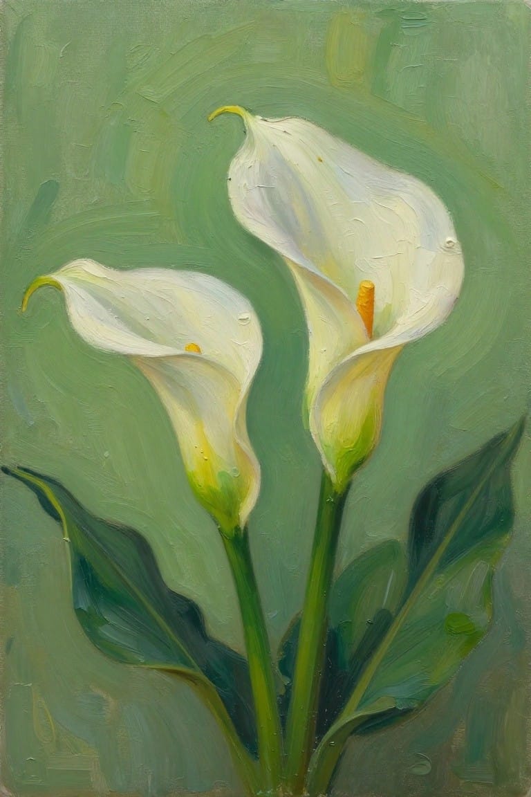 An oil painting of two white calla lilies with green stems and leaves against a textured green background.