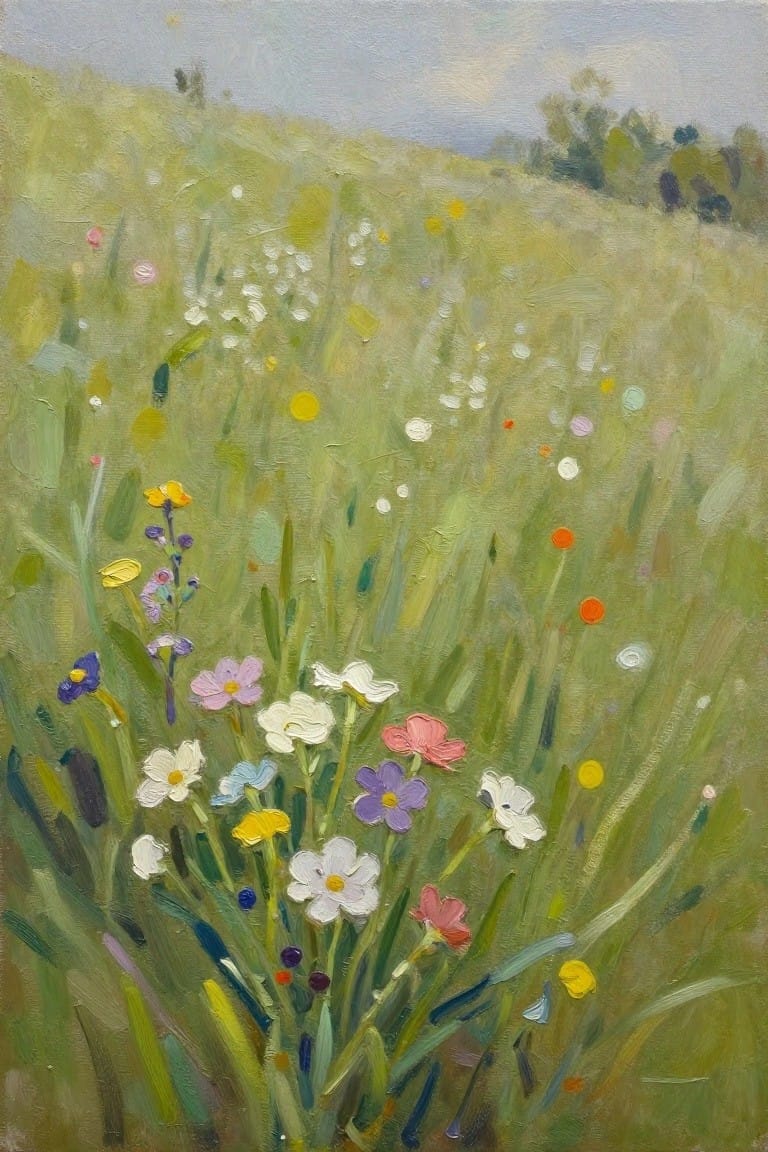 Colorful wildflowers blooming in a lush green hillside meadow, impressionistic style