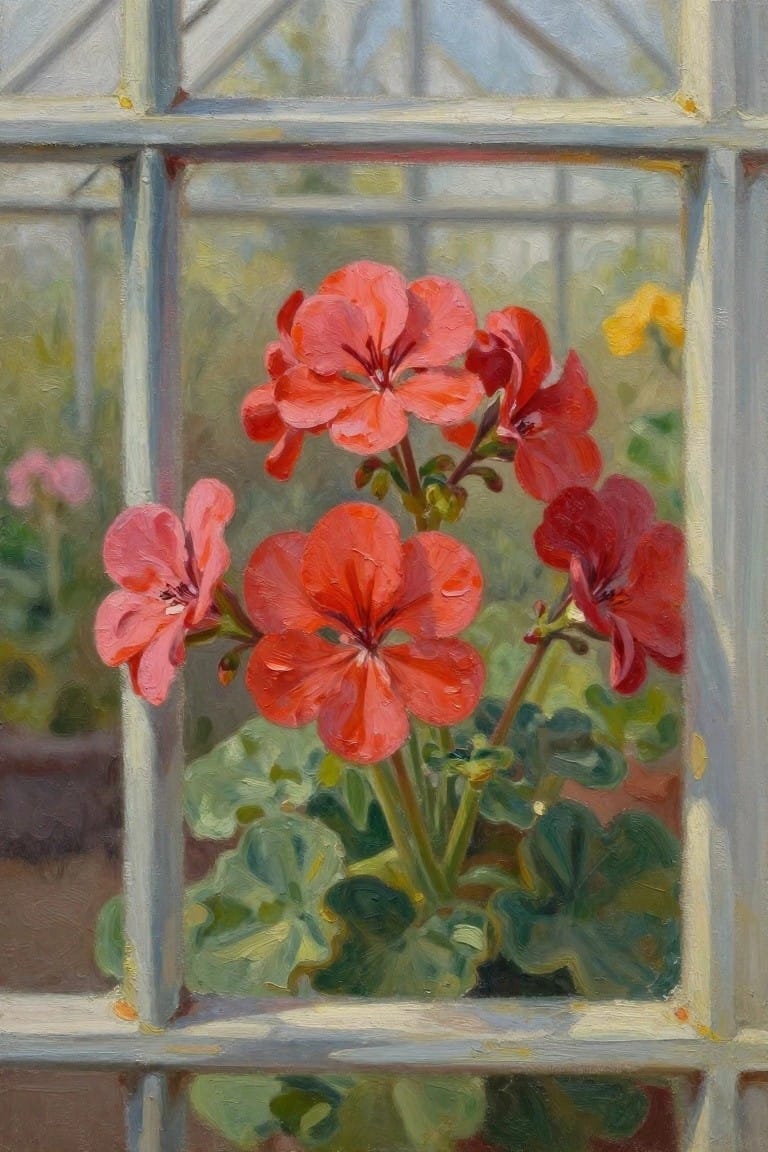 An oil painting of red and pink geranium flowers clustered in front of a white window frame with a soft greenhouse interior visible behind them.