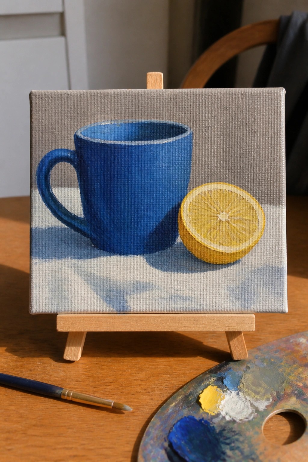 Small canvas on easel depicts blue mug beside lemon half, palette and brush nearby.