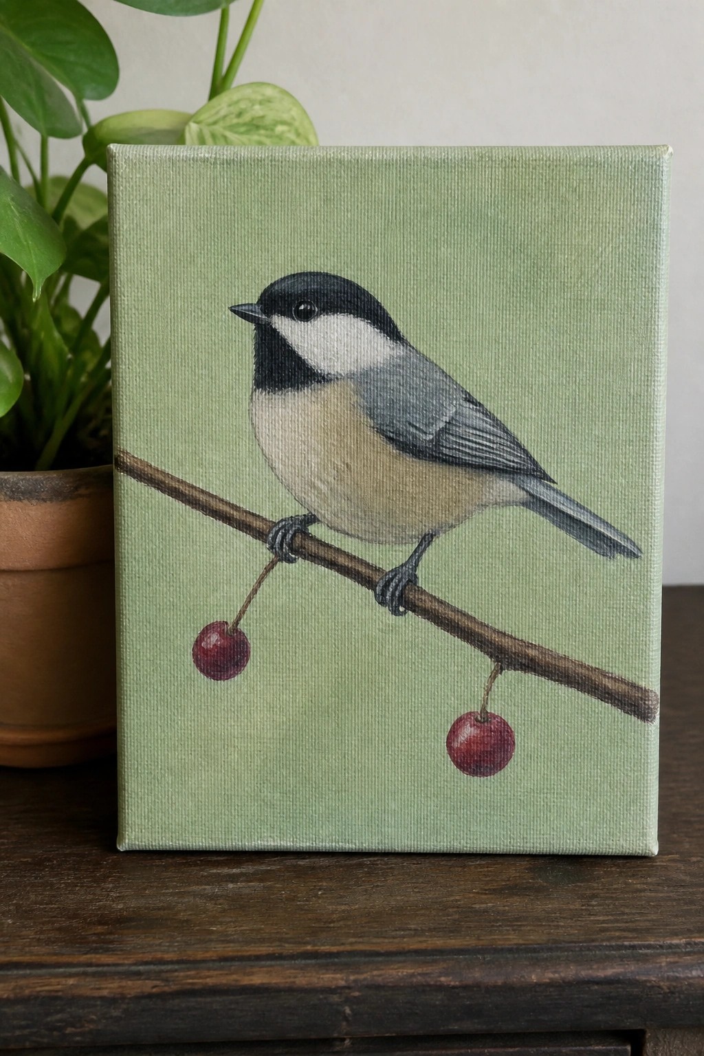 Chickadee perched on cherry branch against light green canvas with potted plant nearby