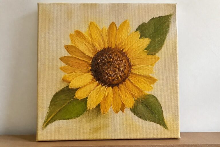 21 Easy Oil Painting Ideas for Beginners Starting on Small Canvas Square canvas painting of yellow sunflower with green leaves on white shelf