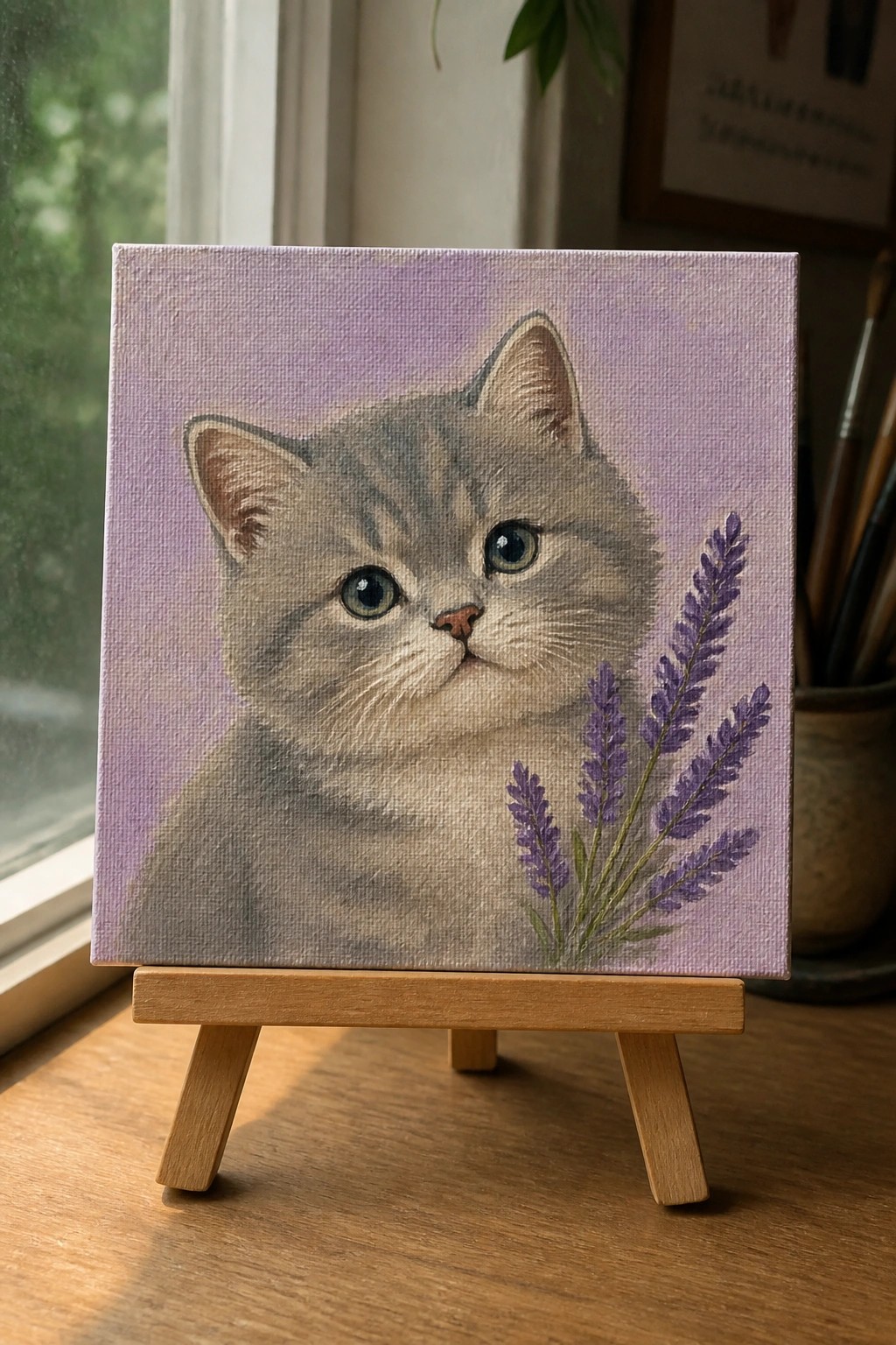 Gray kitten with blue eyes and lavender on purple canvas atop wooden easel