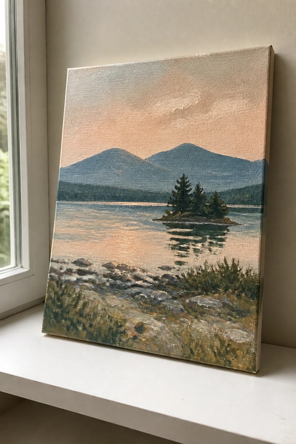 Oil painting of mountain lake with tree island, rocky shore, and pink sky reflections