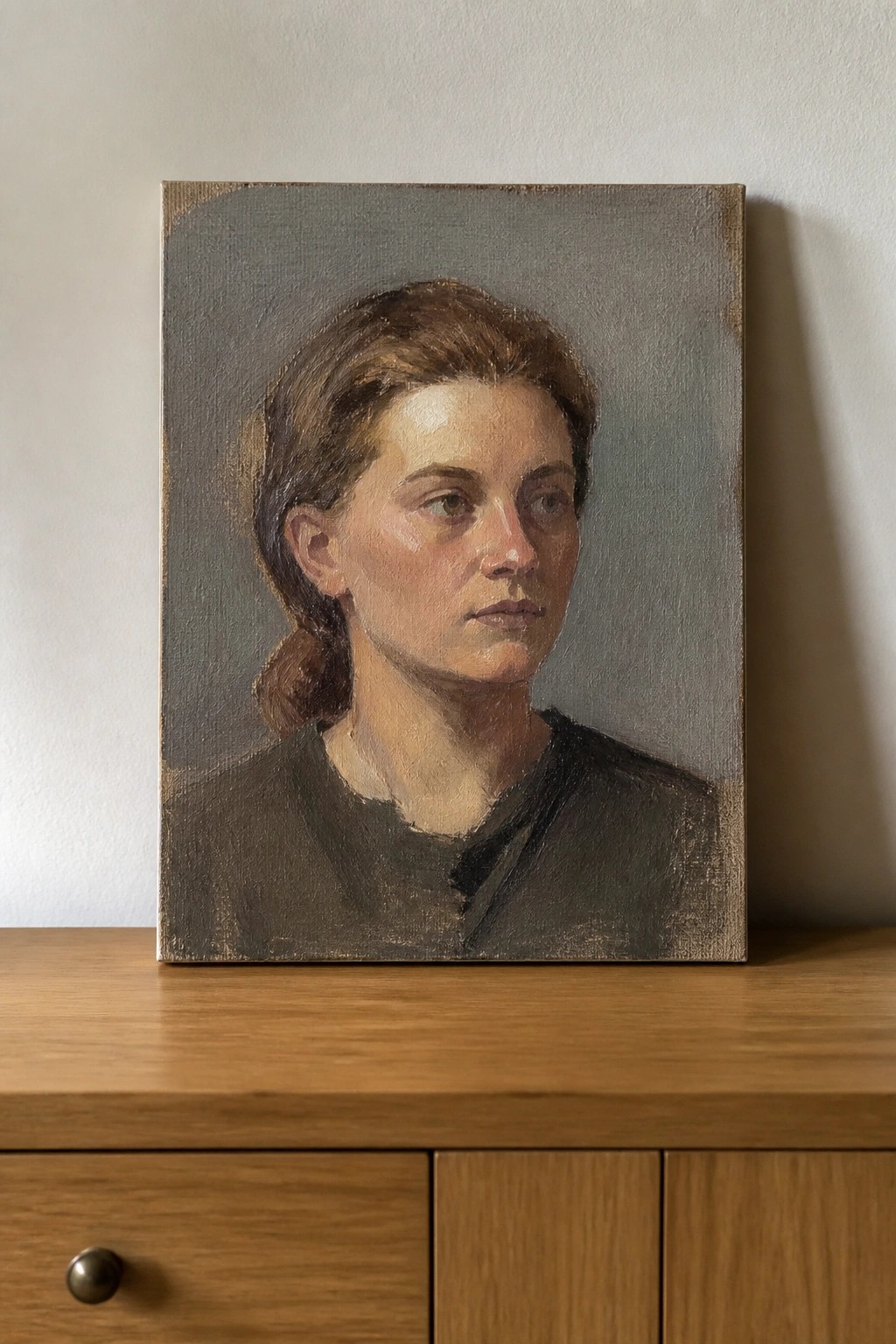 Oil painting portrait of a woman with brown ponytail hair on wooden cabinet.