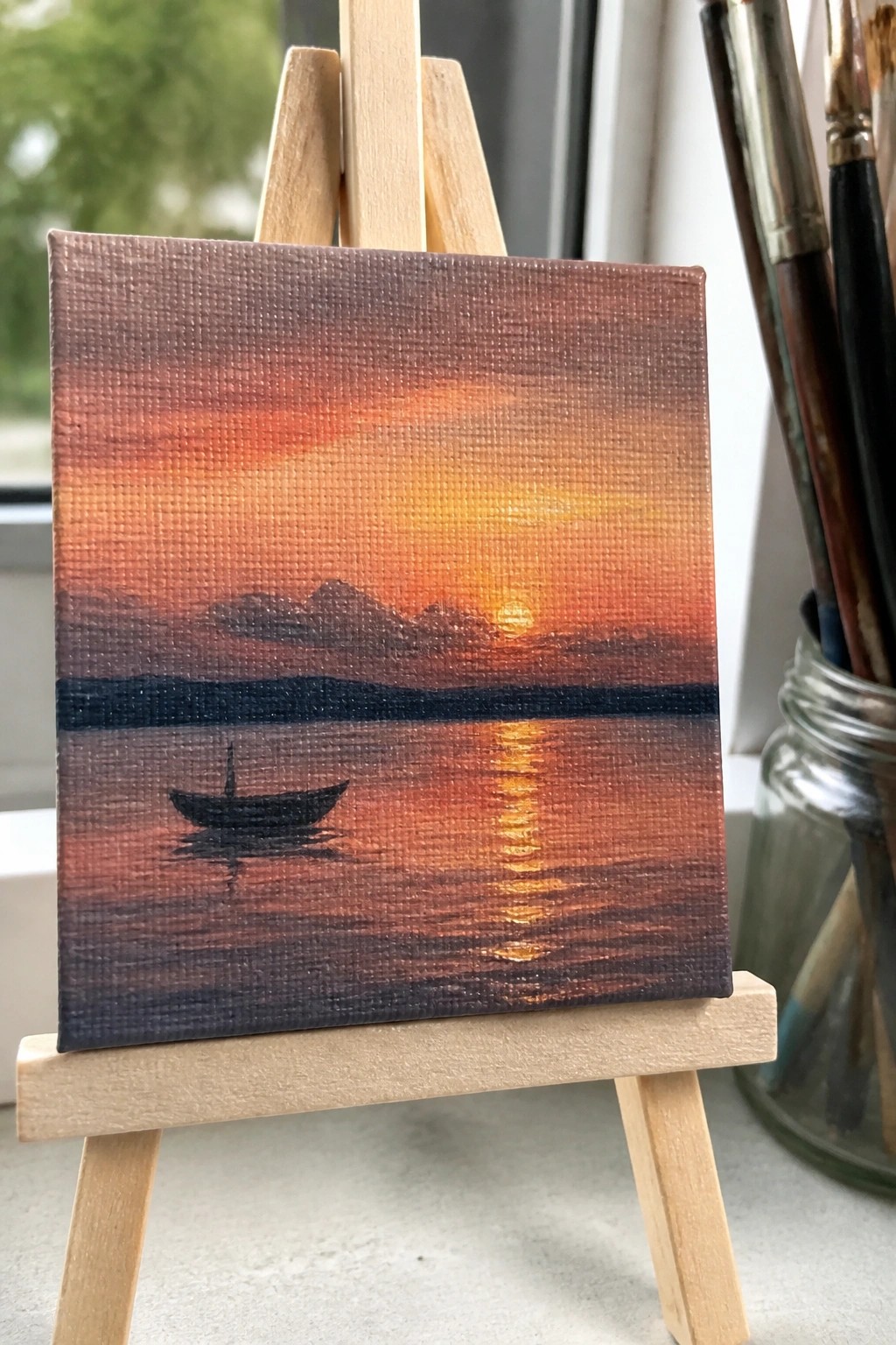 Small sunset painting with boat and sun reflection on wooden easel.