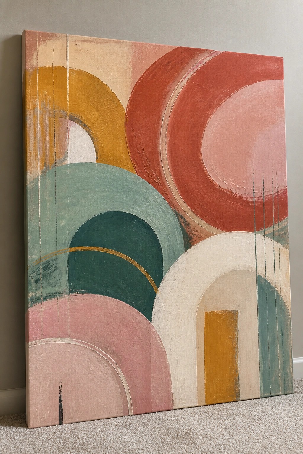 An abstract oil painting with overlapping arches and circles in coral, teal, mustard, pink, and white tones on canvas.