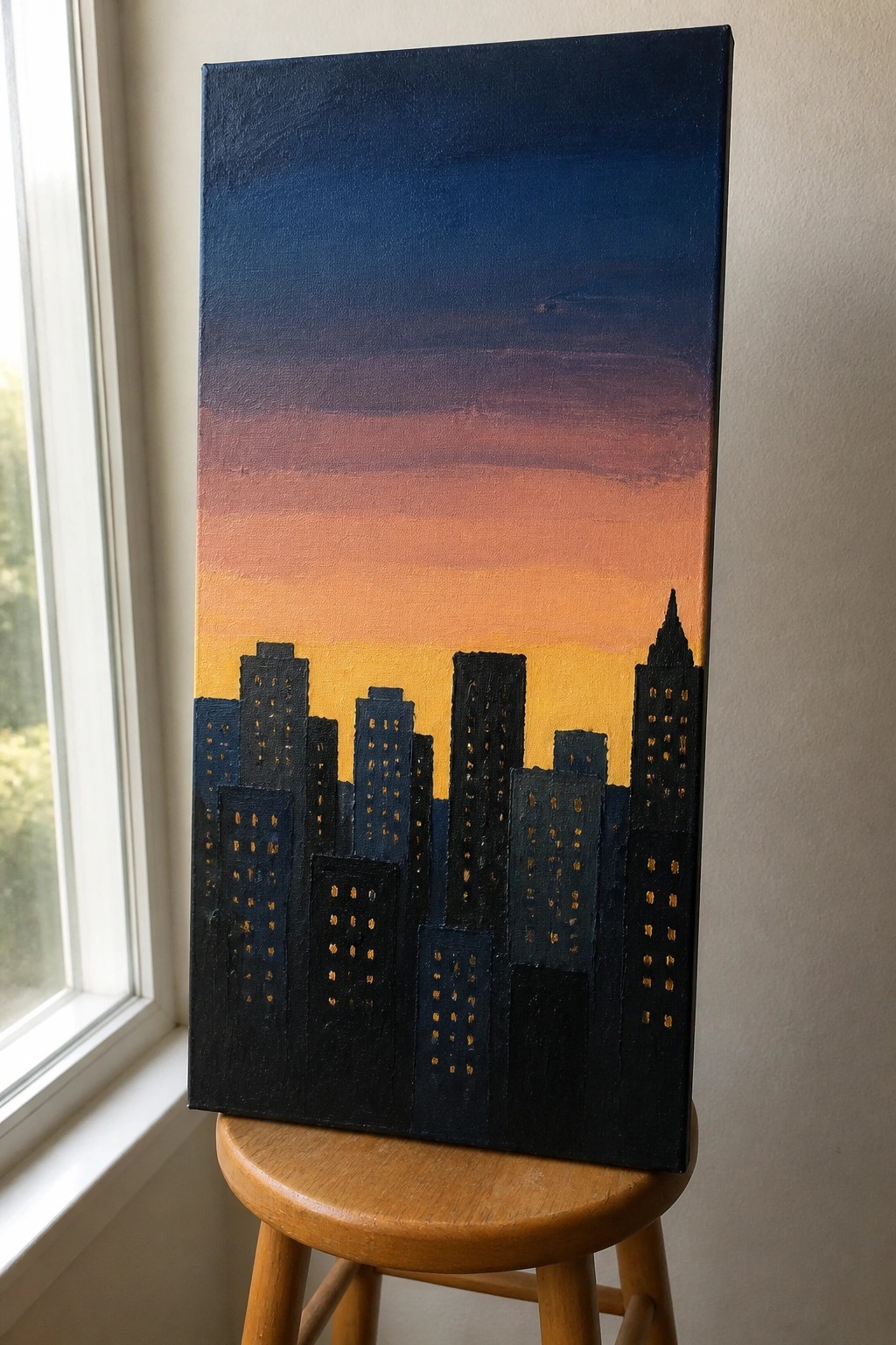 An oil painting of a dark city skyline with yellow window lights against a gradient sky from blue to orange and yellow, propped on a wooden stool beside a window.