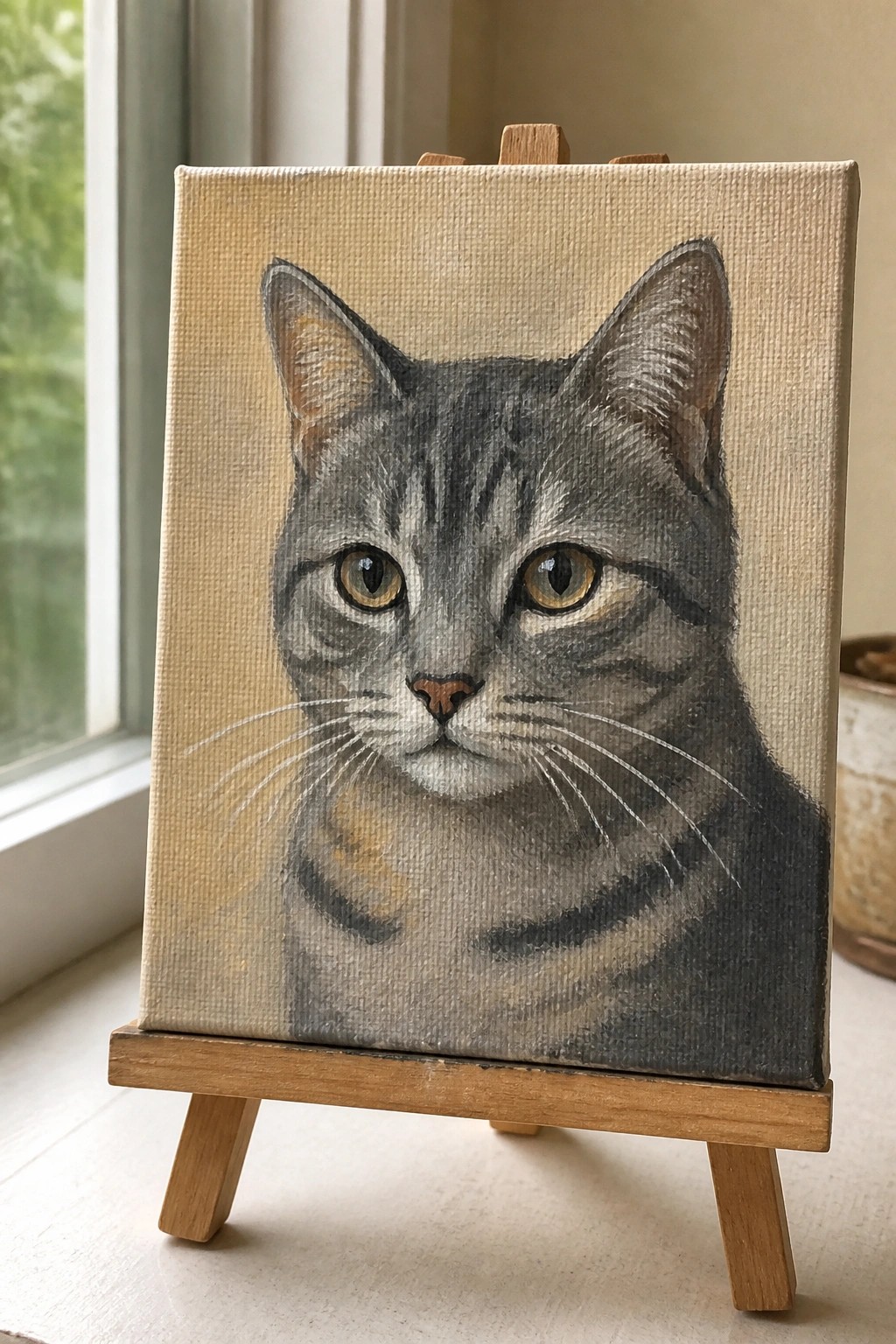 Gray tabby cat painting with yellow eyes on wooden easel.