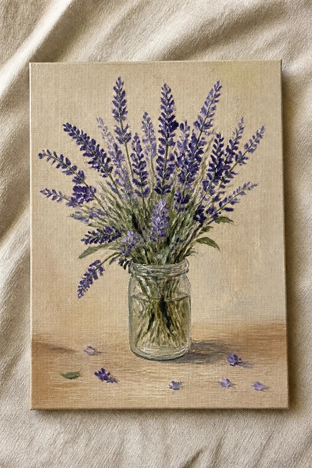 Painting of purple lavender bouquet in glass jar on beige canvas