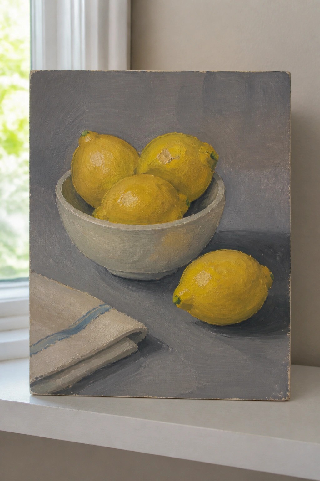 Three yellow lemons in gray bowl, one beside folded cloth on table