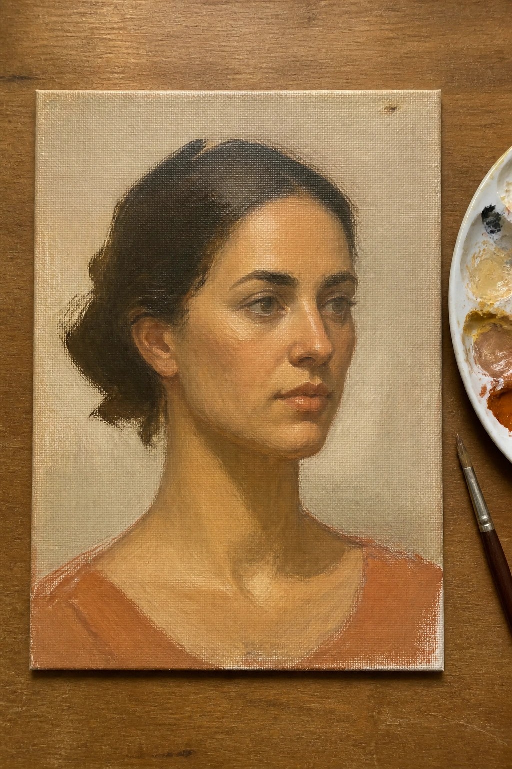Oil portrait of dark-haired woman in orange top on canvas with palette and brush