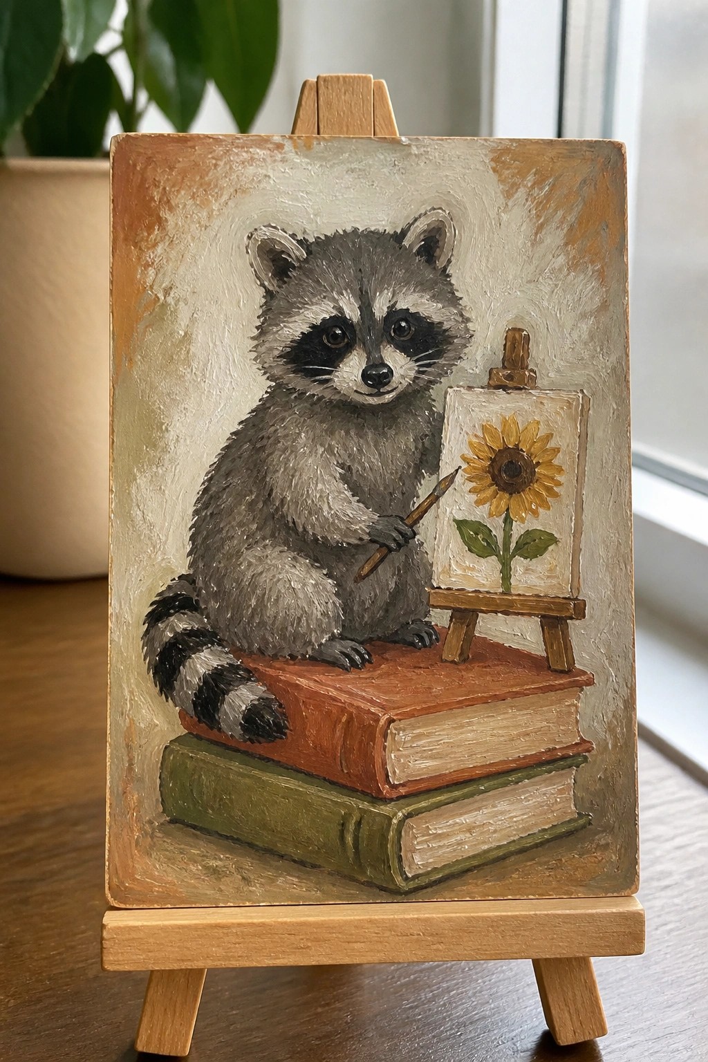 Raccoon artist on stacked books paints sunflower on tiny easel