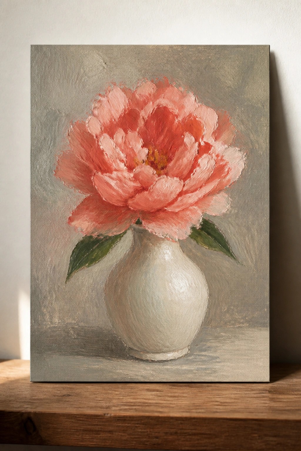 Pink peony in a white vase on wooden surface against muted gray background.