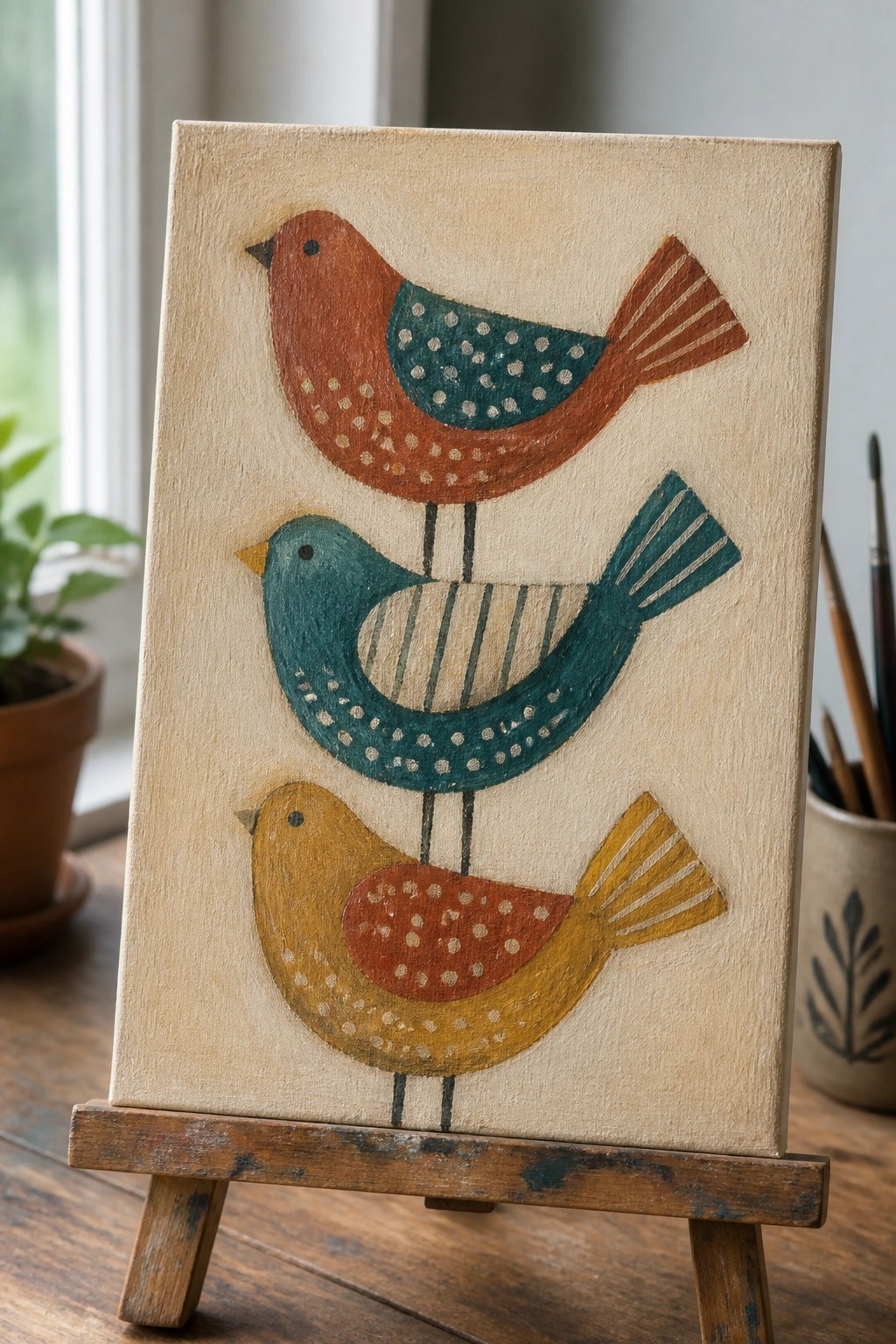 Three folk-art birds in orange, teal, and yellow on canvas easel.