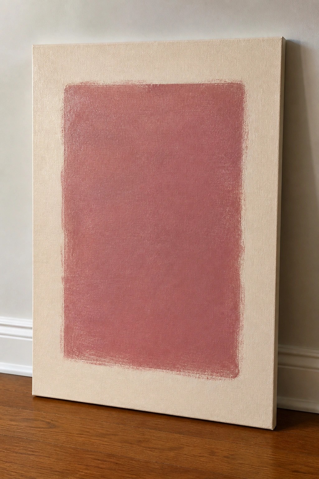 Abstract painting with textured pink rectangle on beige canvas leaning against wall on wood floor.