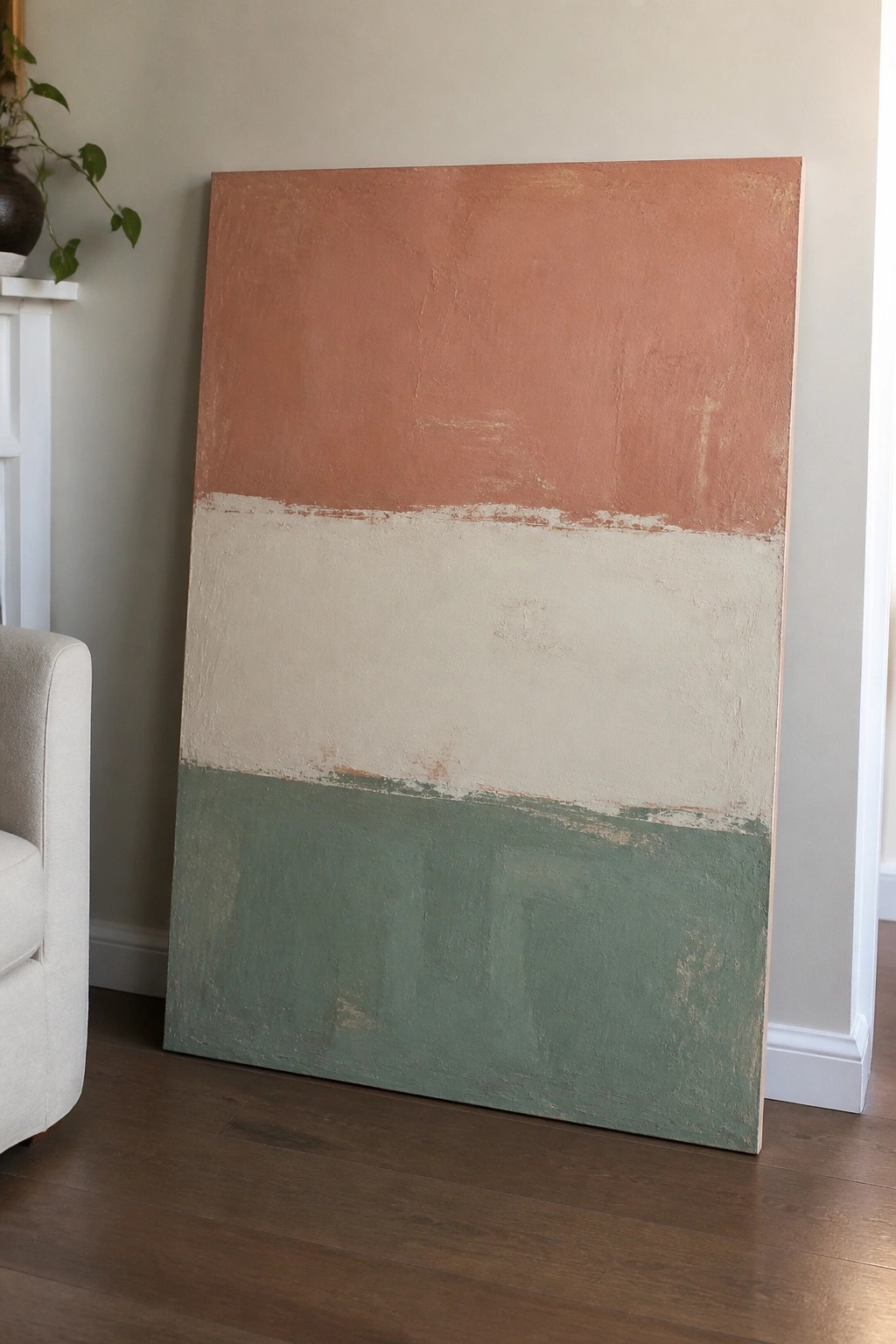 Abstract painting with pink, cream, and green sections leaning against neutral wall beside chair