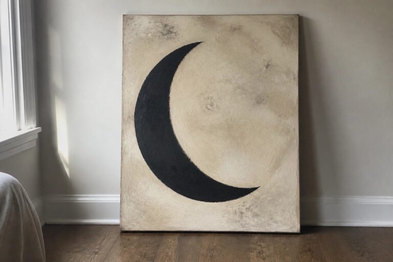 Black crescent moon on textured beige canvas propped against white wall on wood floor.