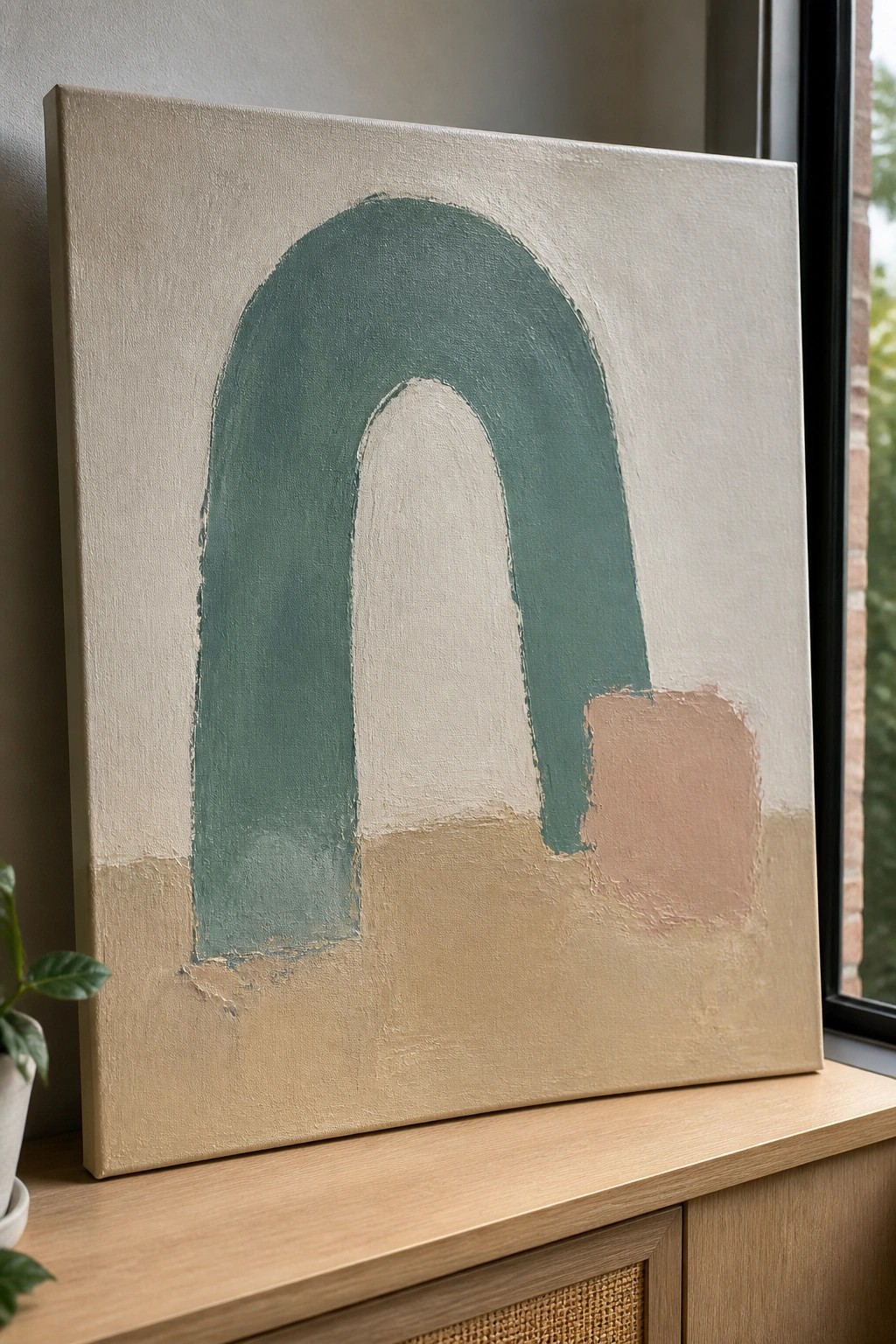 Abstract painting with large teal arch on beige canvas beside pink accent block