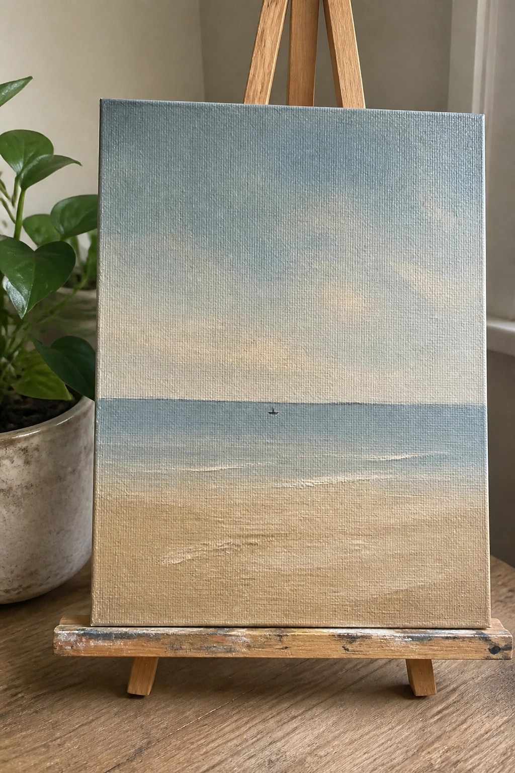 A small canvas on a wooden easel shows a minimalist oil painting divided into a soft blue sky, a narrow sea band, and a beige sand area with one small dark mark on the horizon.