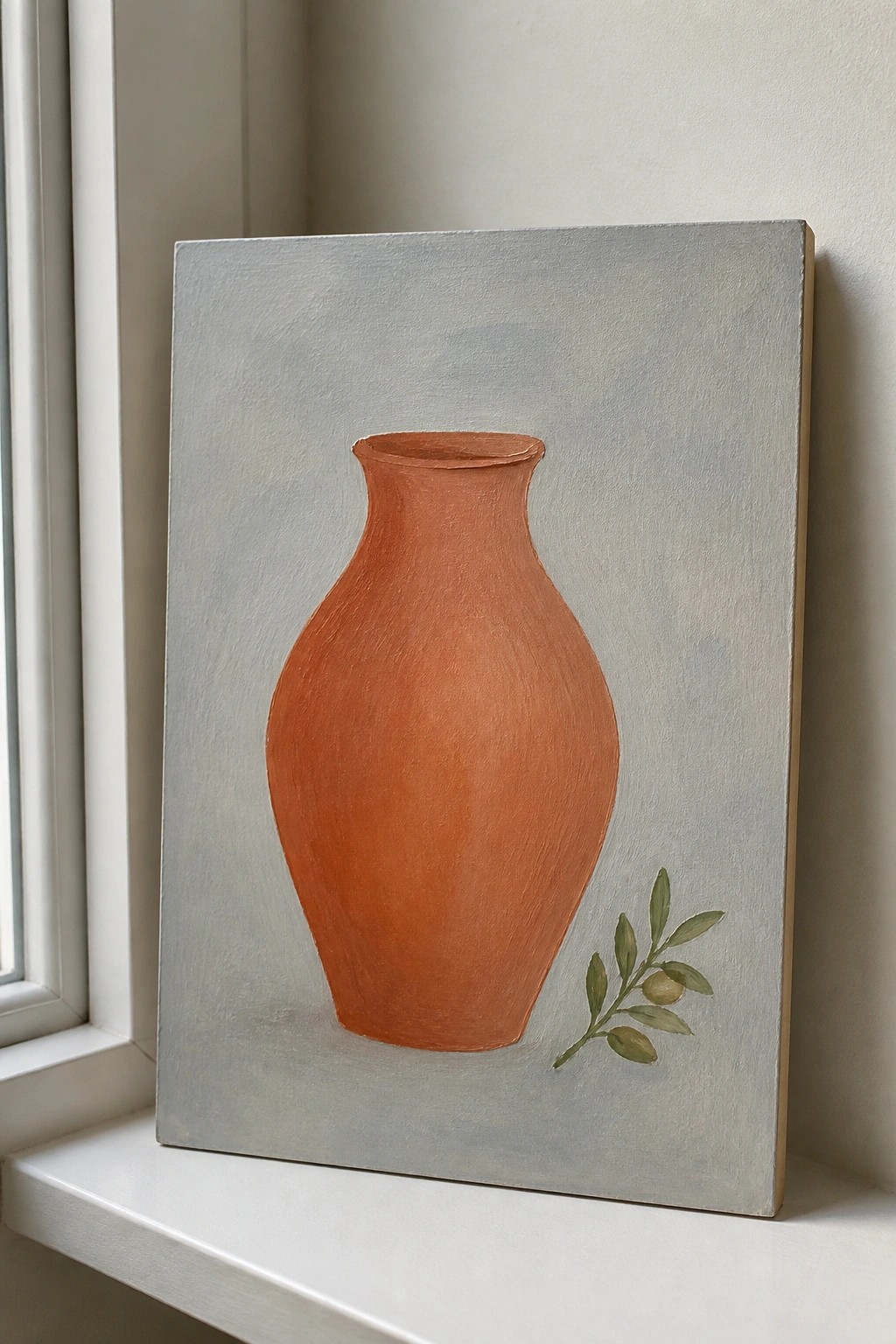 Orange terracotta vase on gray canvas with olive branch on windowsill.