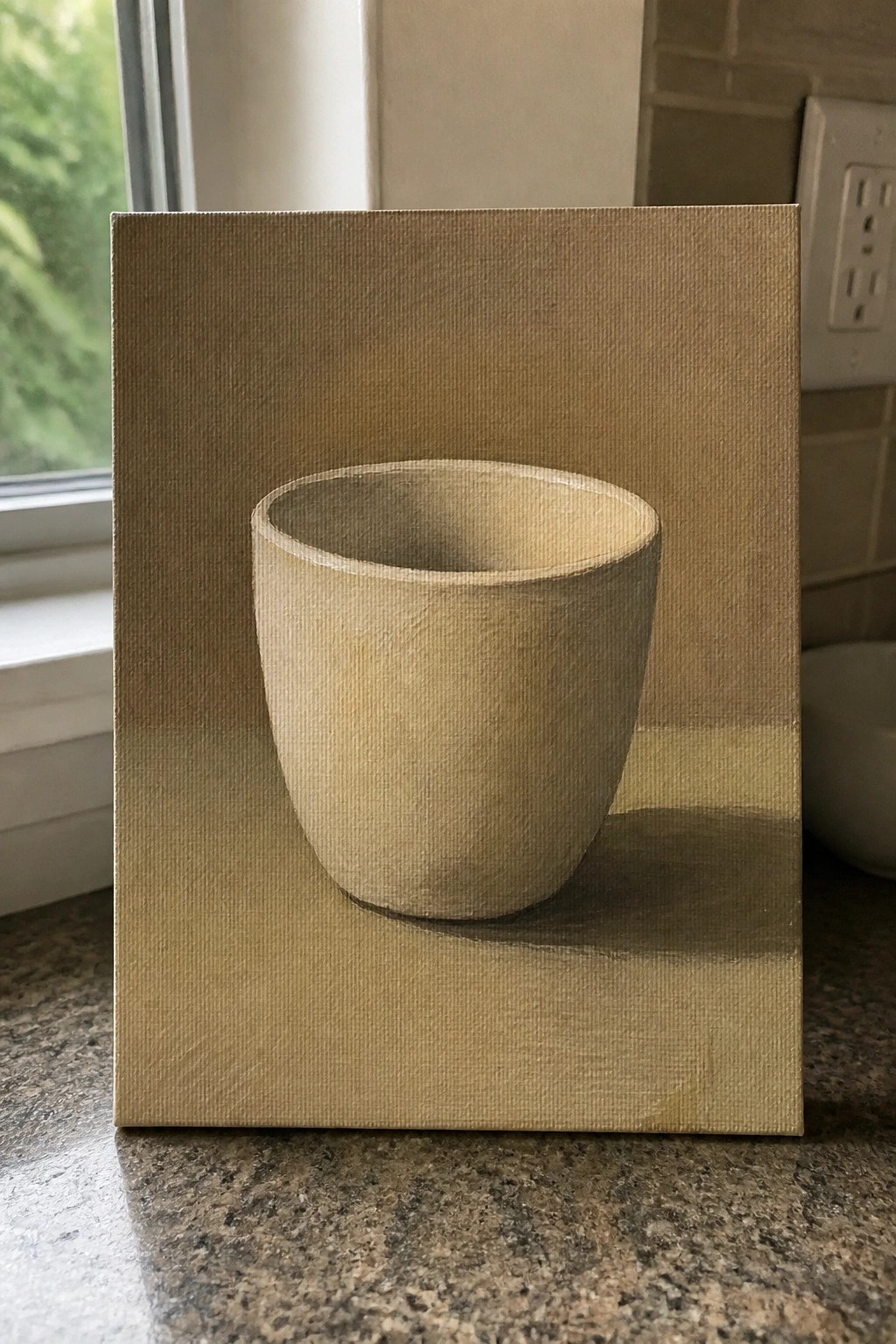 Beige ceramic cup painted on canvas atop speckled granite countertop by window.