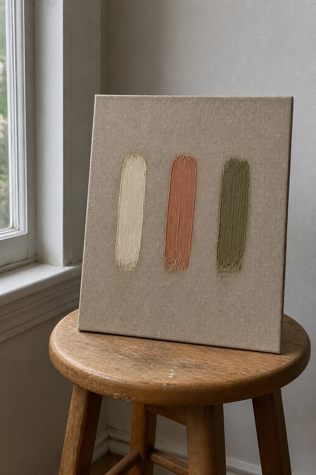 A canvas on a wooden stool shows three vertical paint strokes in beige, terracotta, and olive green on a neutral background.