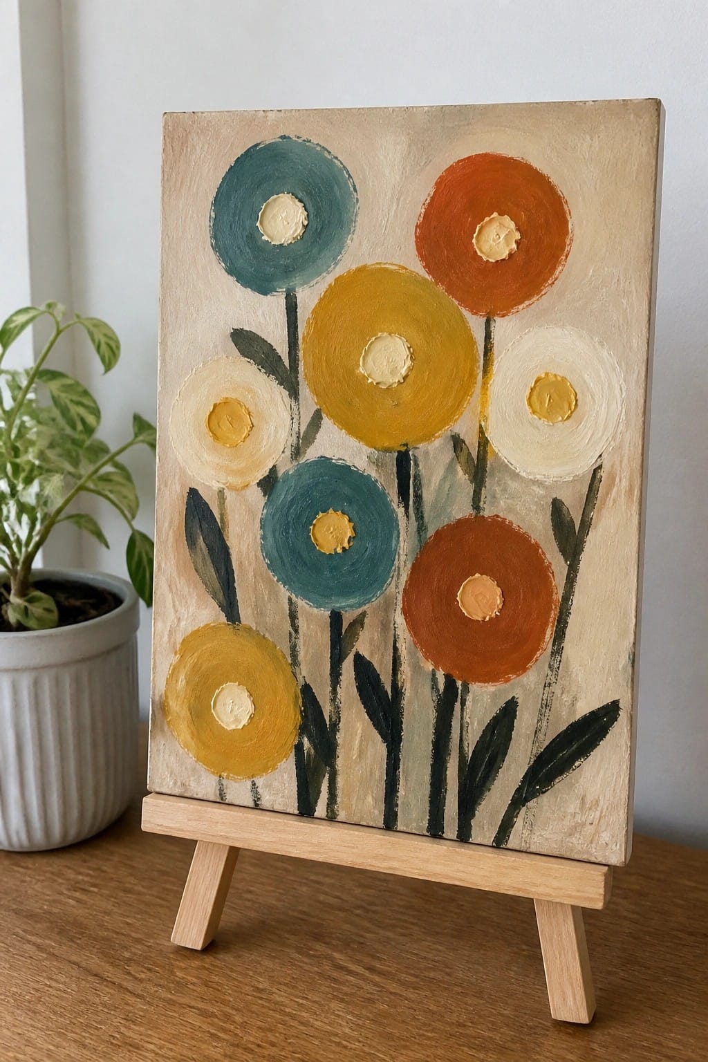 Colorful abstract flower painting on canvas displayed on wooden easel