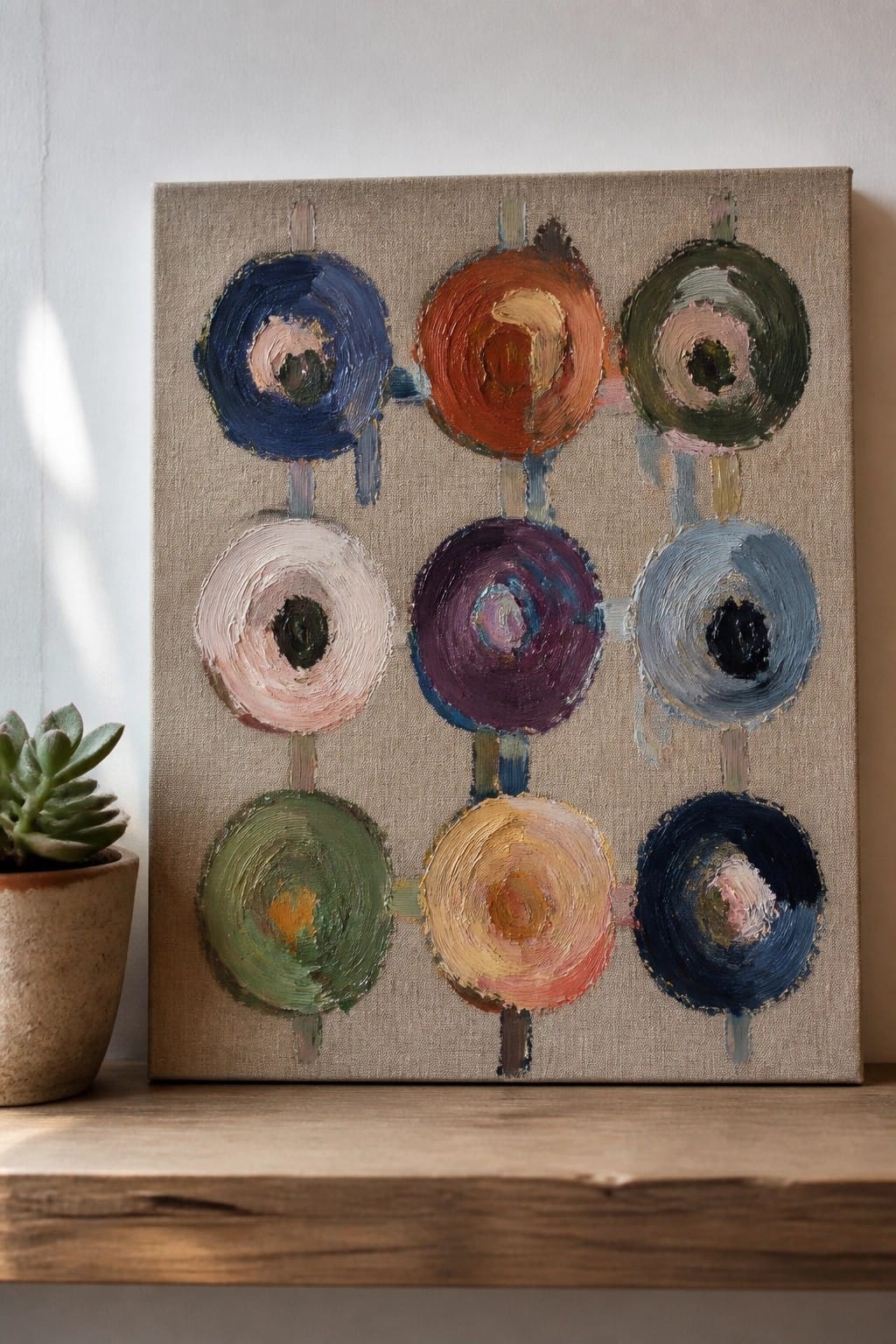 Abstract painting of colorful connected circles on beige canvas beside potted succulent.