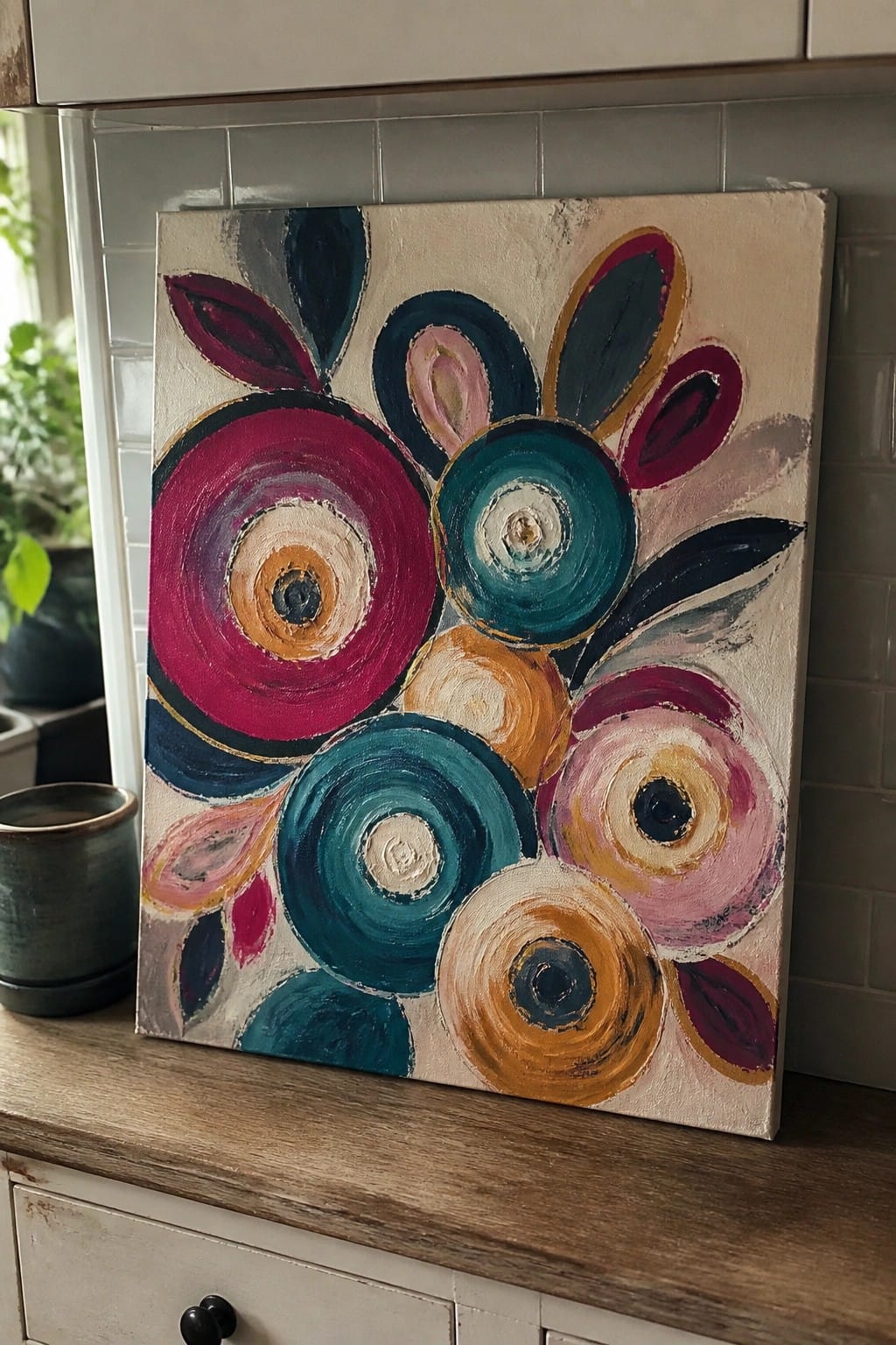 Vibrant abstract floral painting with colorful circles propped on wooden kitchen counter