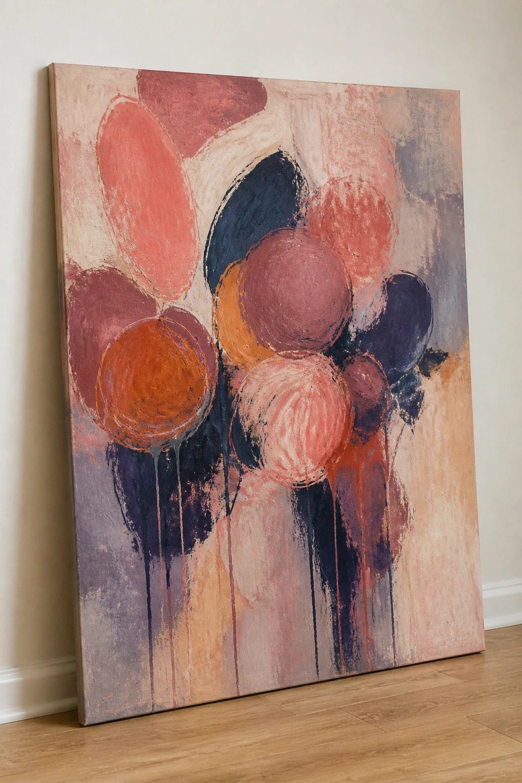 Abstract painting with colorful circles in coral, navy, and orange leaning on wood floor