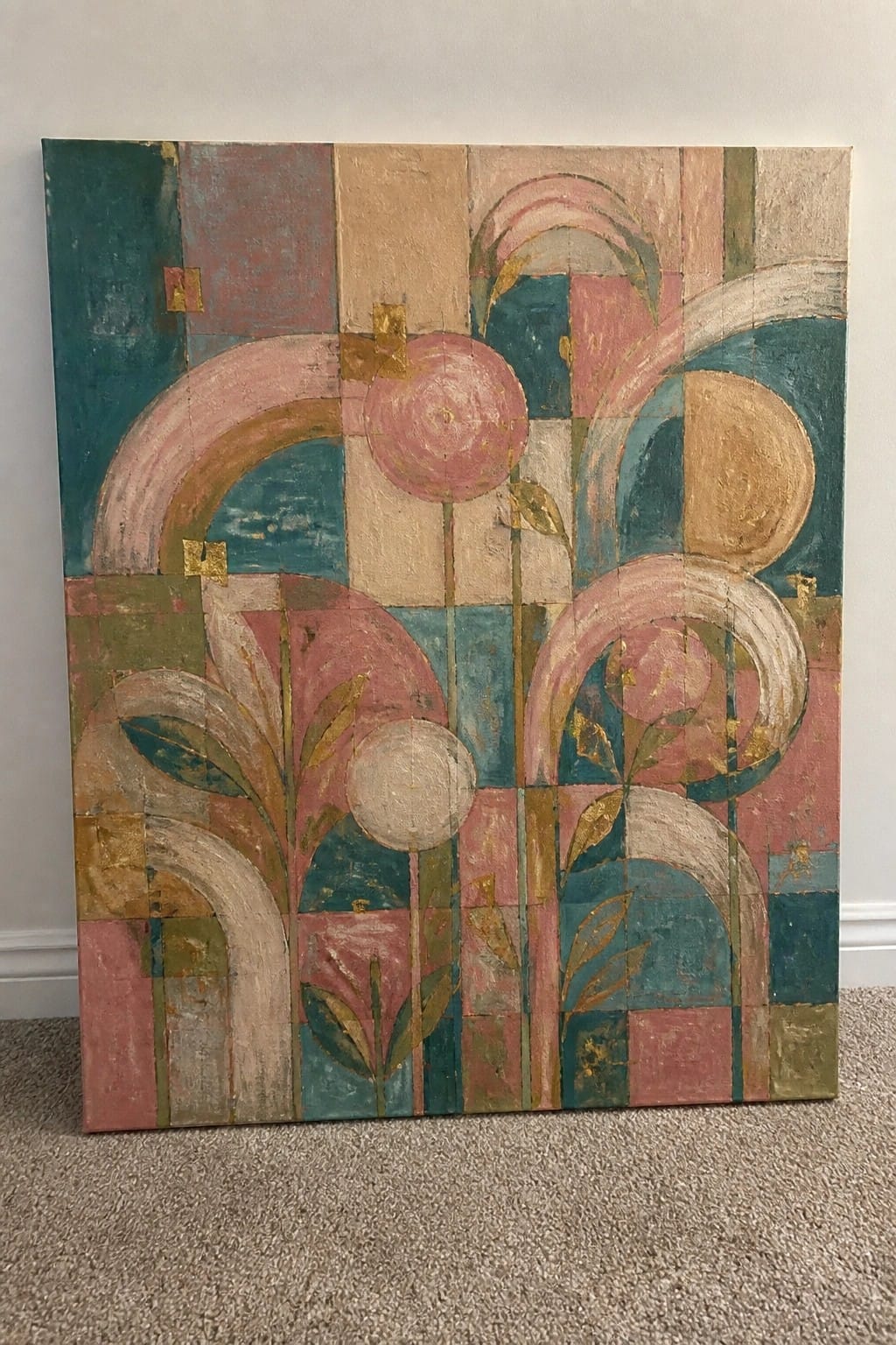 Abstract painting with pink circles, teal arches, gold leaves on geometric panels