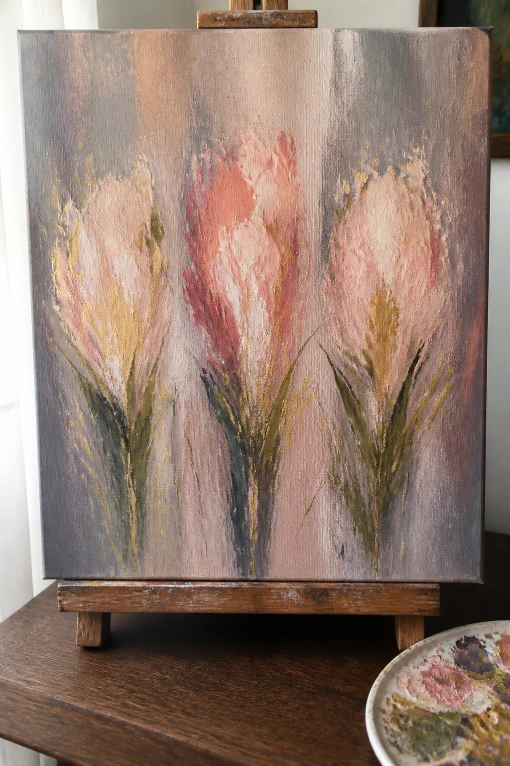 Abstract painting of three pink flowers on canvas atop wooden easel with palette nearby