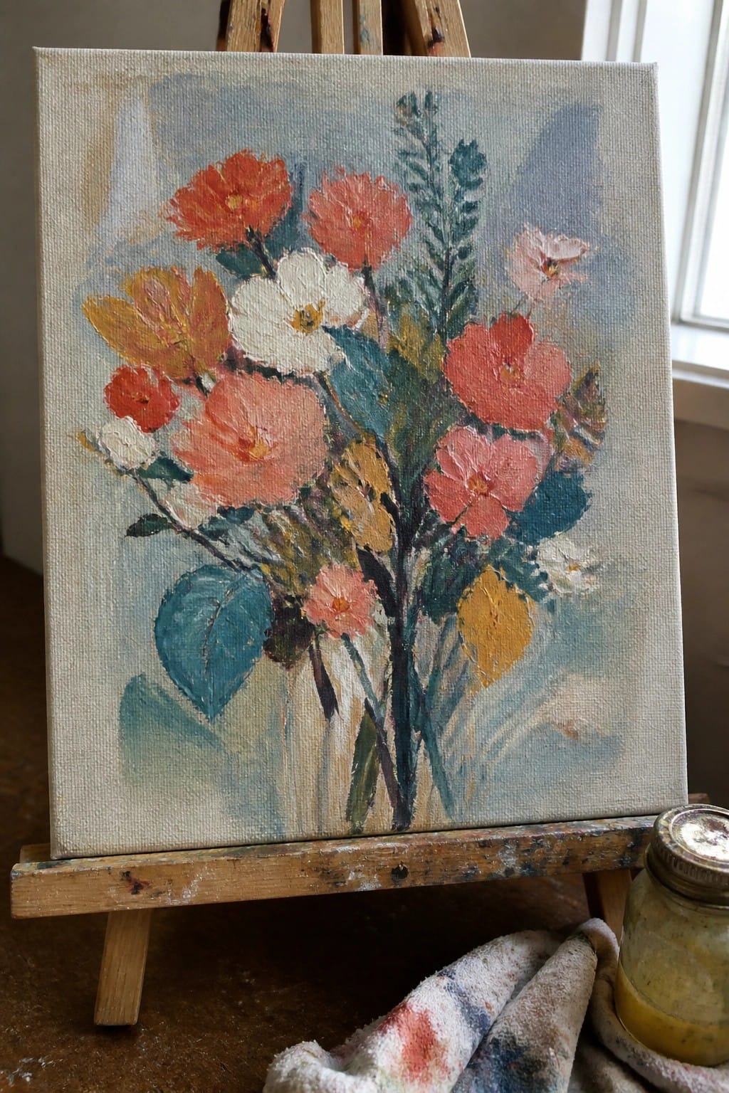 Colorful loose-brush floral painting on canvas atop wooden easel with paint jar nearby