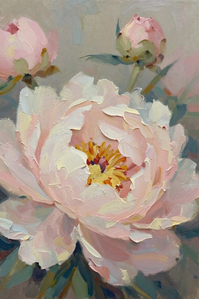 Large pink peony with yellow-red center amid buds in textured oil painting