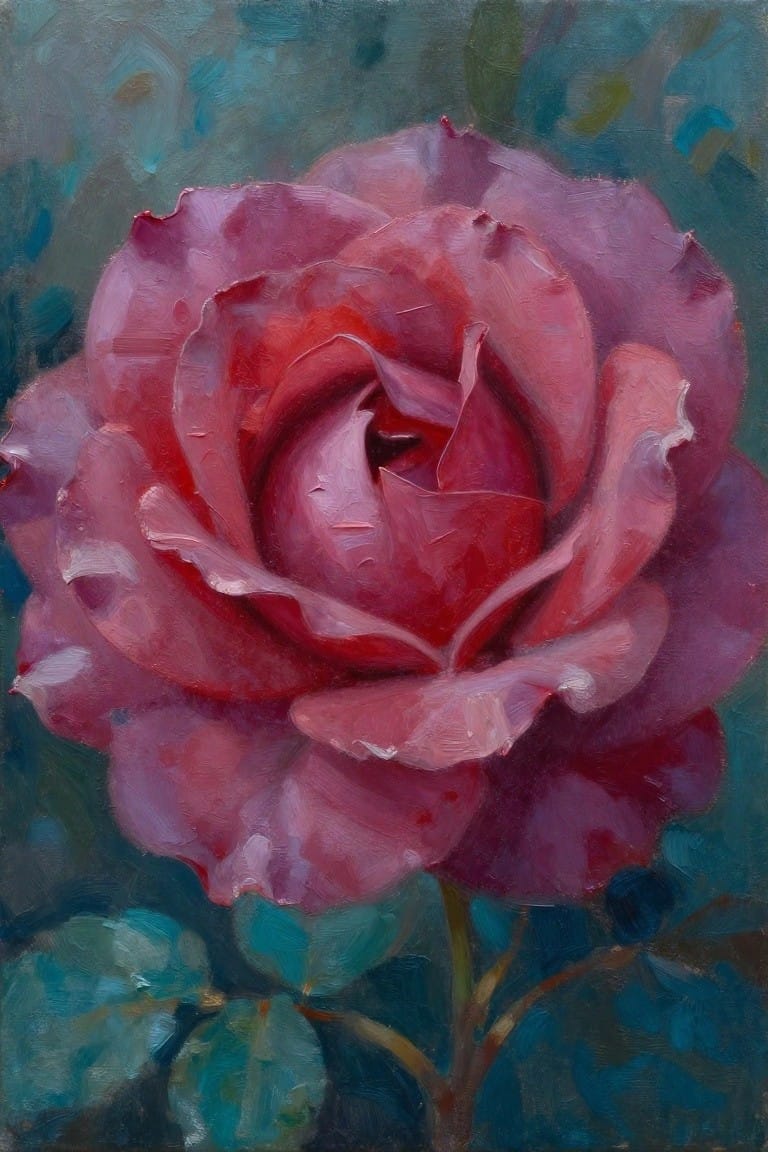 Lush pink rose in full bloom with layered petals against a teal background.