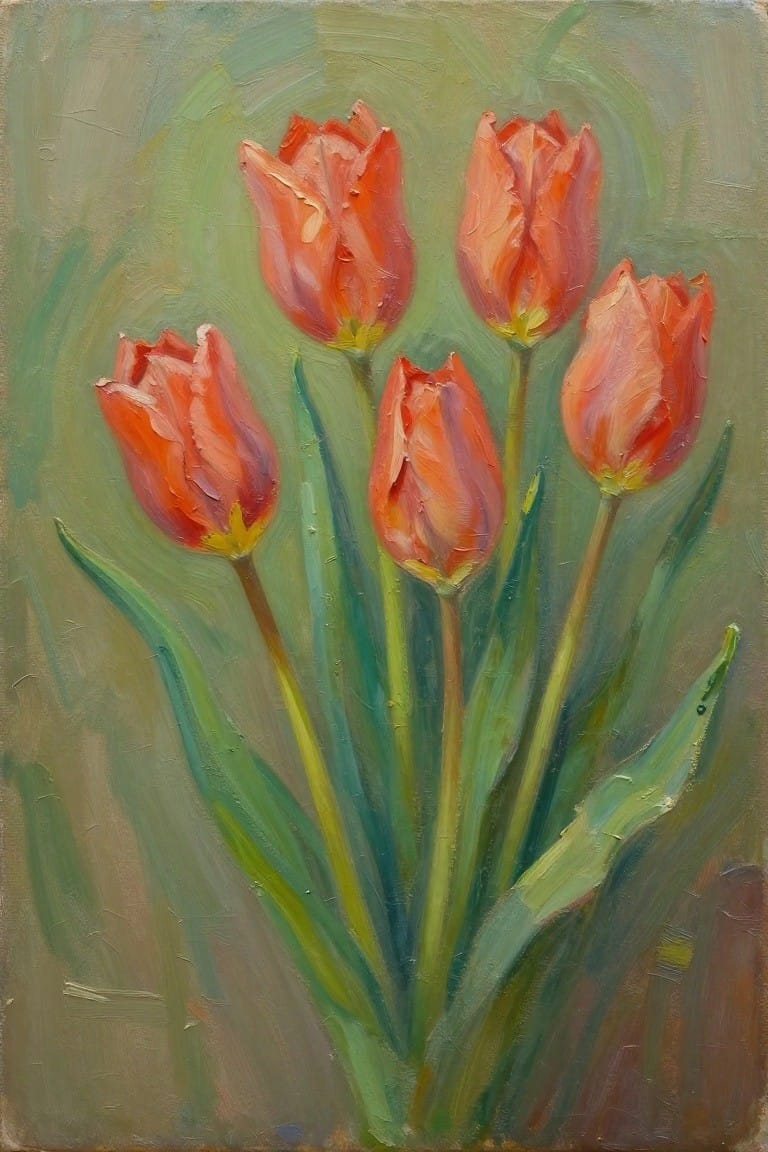 Cluster of coral-red tulips with green stems against muted green background