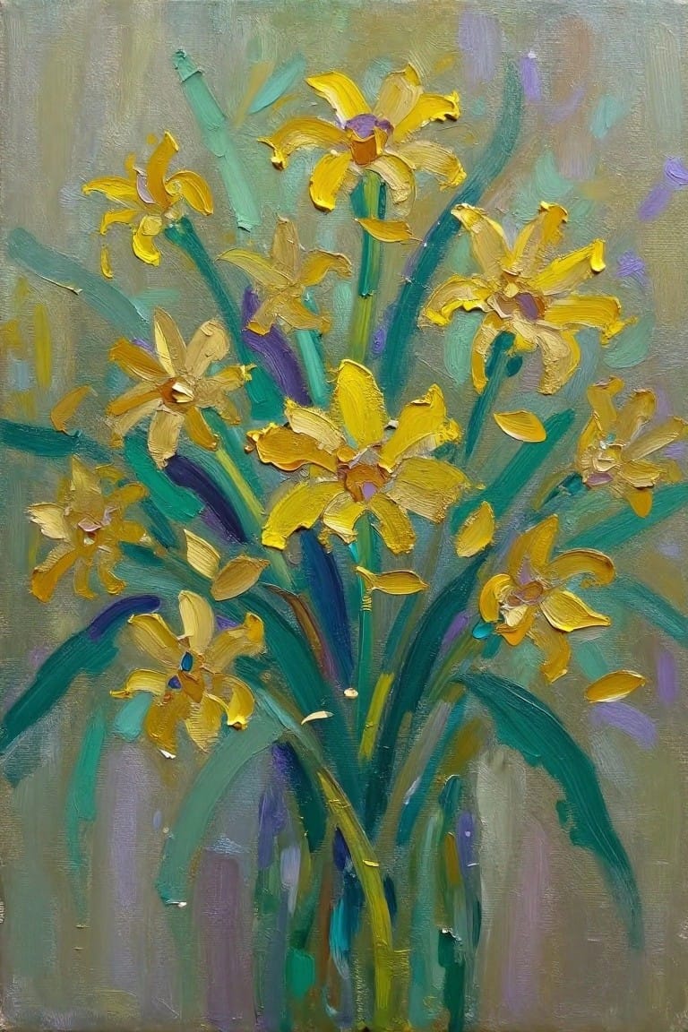Thickly textured oil painting of vibrant yellow flowers with green stems and leaves.