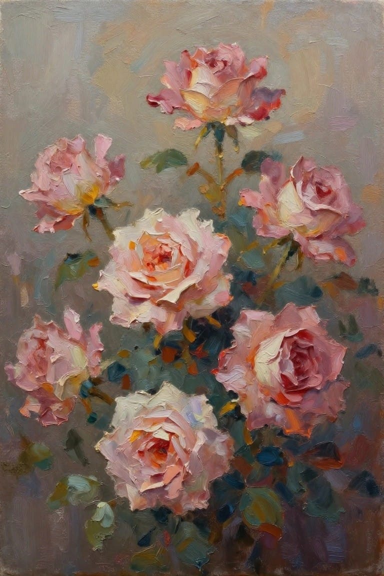 Oil painting of blooming pink roses with thick impasto brushstrokes and leaves.