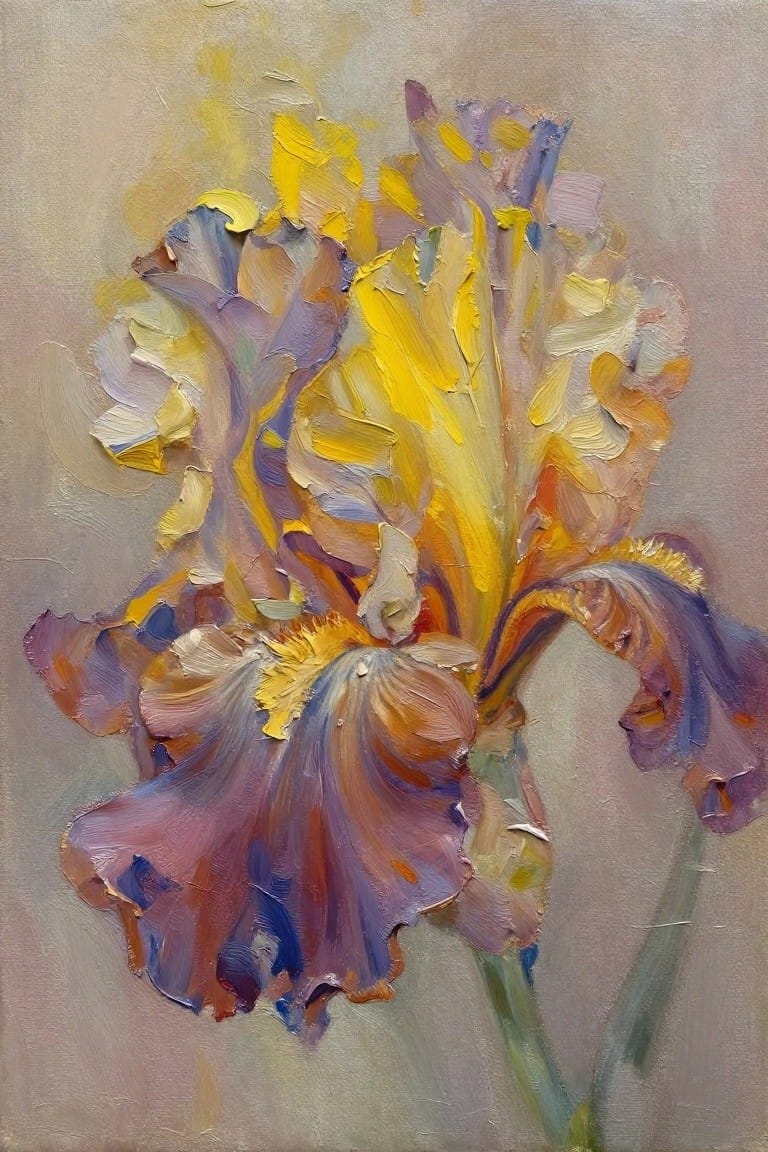 Thickly textured painting of a blooming iris with yellow and purple petals.