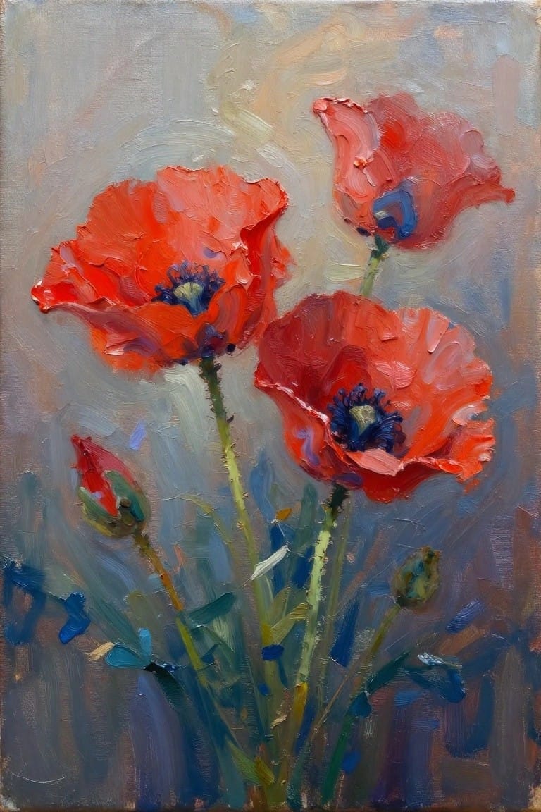 Impasto oil painting of vibrant red poppies with blue centers on green stems