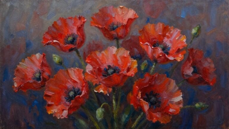 21 Modern Abstract Flower Oil Painting Ideas Using Expressive Color and Texture Impasto oil painting of vibrant red poppies with blue centers on green stems