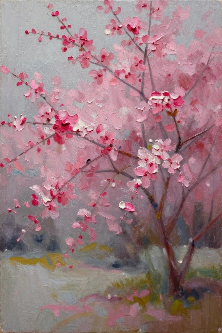 Pink cherry blossoms on branches with visible brushstrokes against gray background