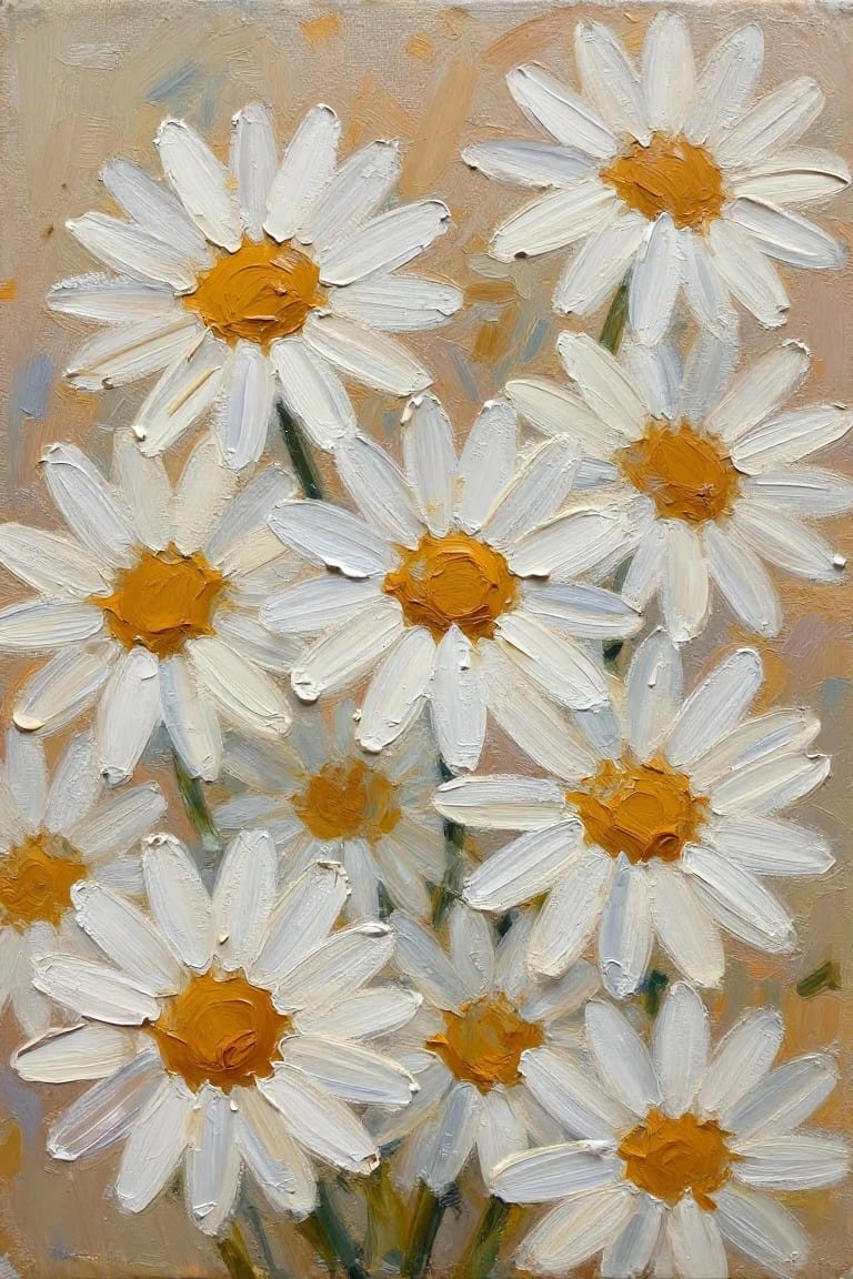 Impasto oil painting of white daisies with yellow-orange centers on beige background