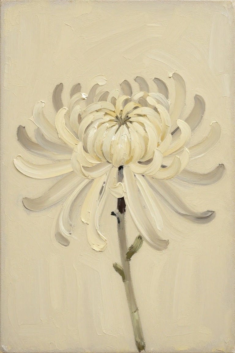 White chrysanthemum with layered petals on slender stem against textured beige background
