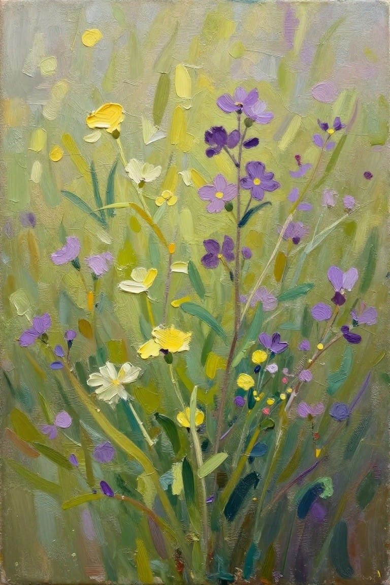 Impressionistic oil painting of purple, yellow, and white wildflowers amid green foliage.